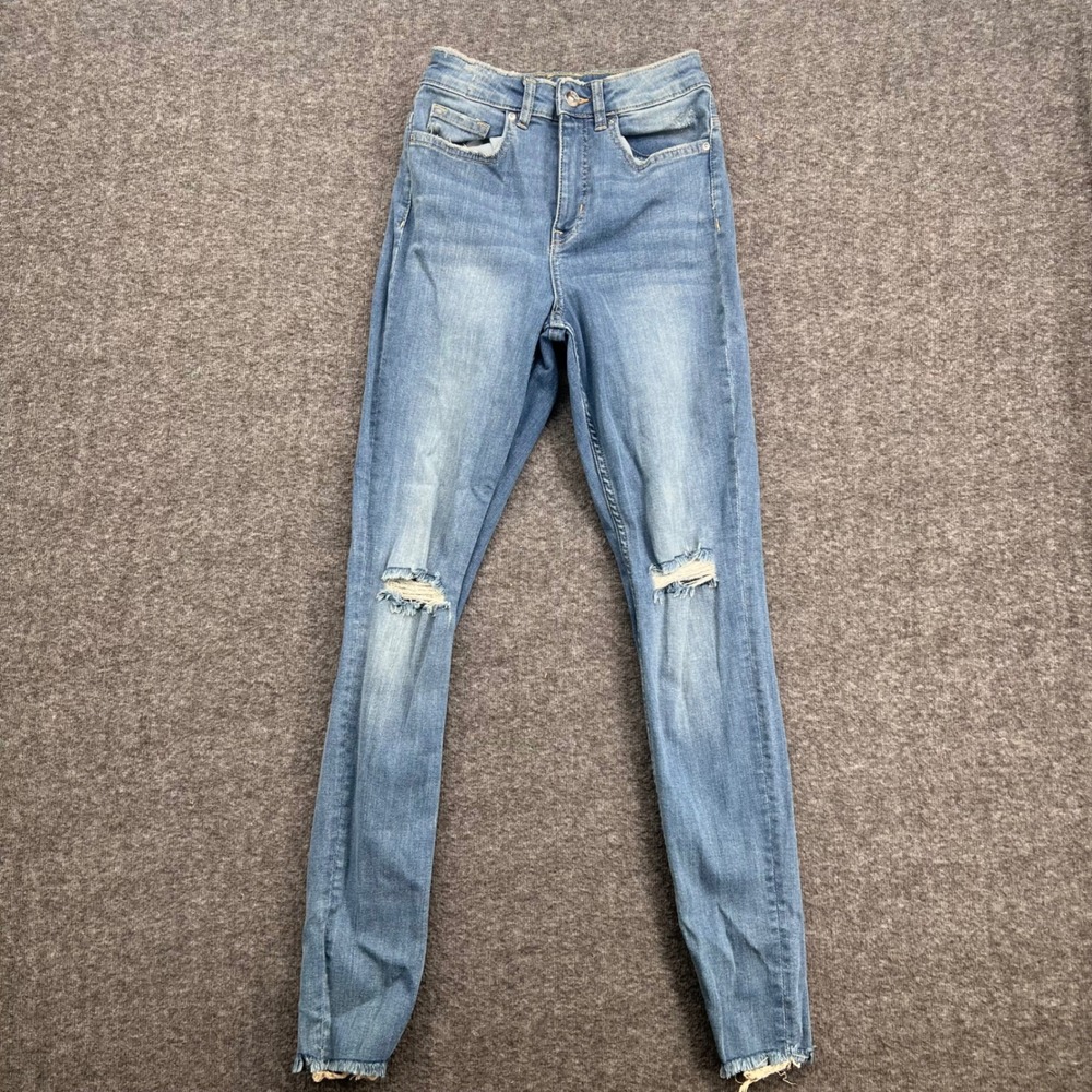 HM Divided Womens High Waist Skinny Distressed Jeans Blue Ripped Knee Size 6